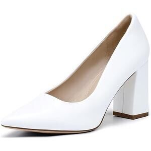 Idifu Womens Size 7.5 White Pointy Toe 3.5" Block Heel Slide On Pumps Shoes